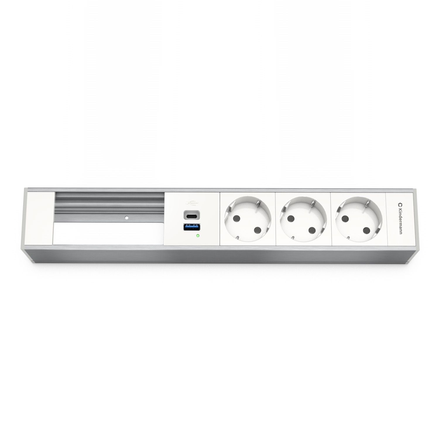 Kindermann Modulträger 6-fach 3xStrom - 1x USB-A / 1x USB-C - Tischanschlussfeld - Aluminium natur - eloxiert 7449001333