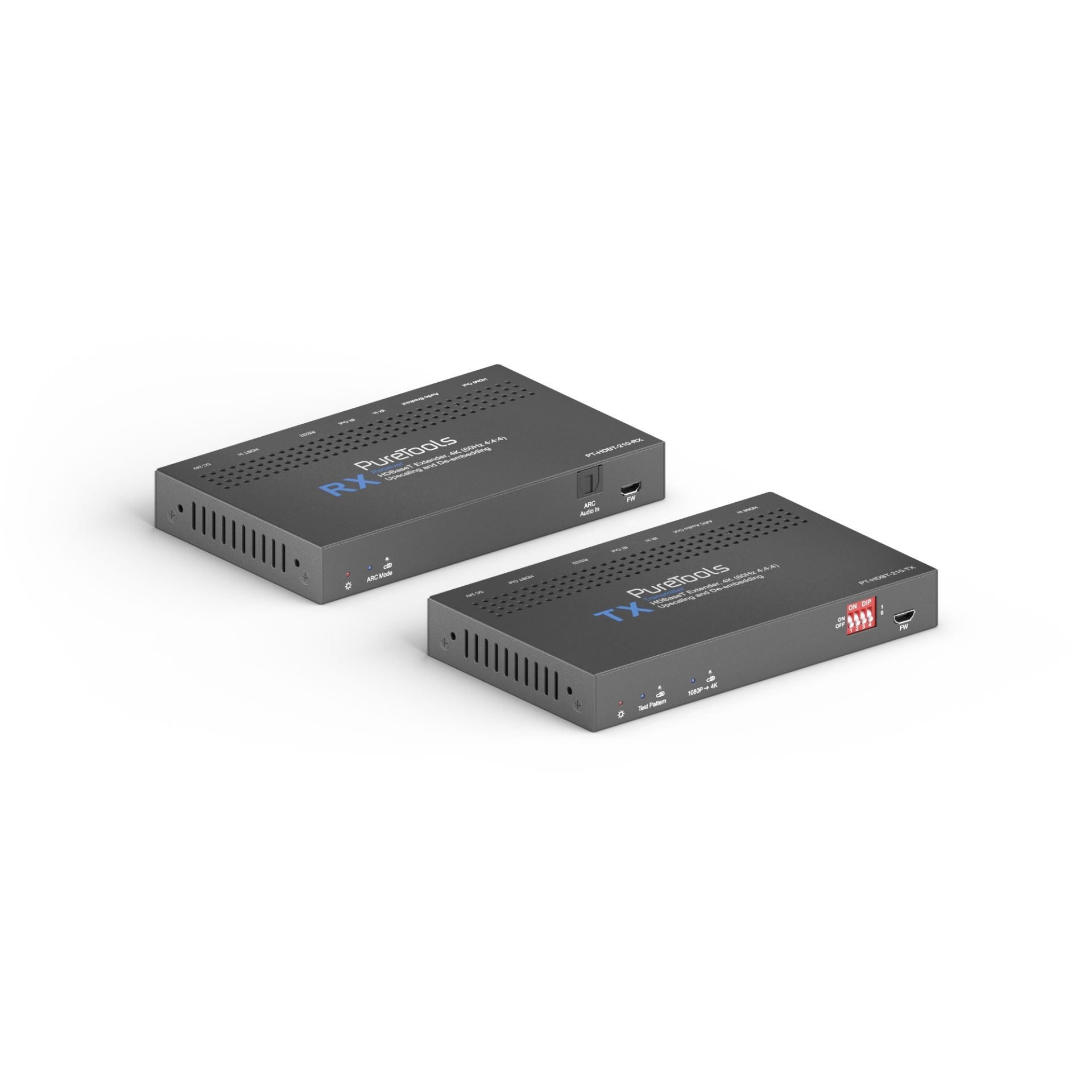 PureTools - HDBaseT Extender Set, 18G HDR. 40m 4K, 70m 1080p. 1080p bis 4K Upscaling. Unterstützt ARC und externe Audioübertragung von RX nach TX. PT-HDBT-210